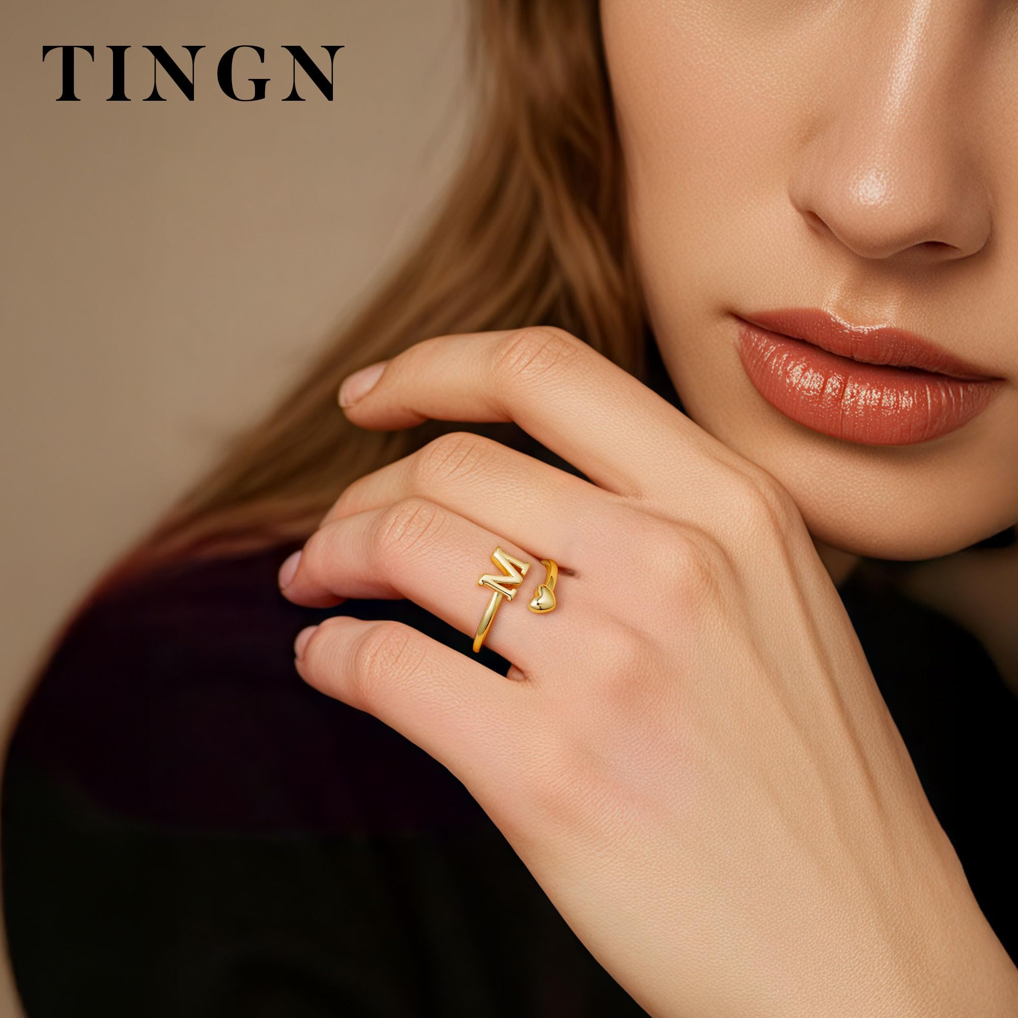 TINGN Bague en or plaqué or 14 carats - Étanche - Motif cœur - Avec lettres - Empilable - Cadeau pour femme et petite amie