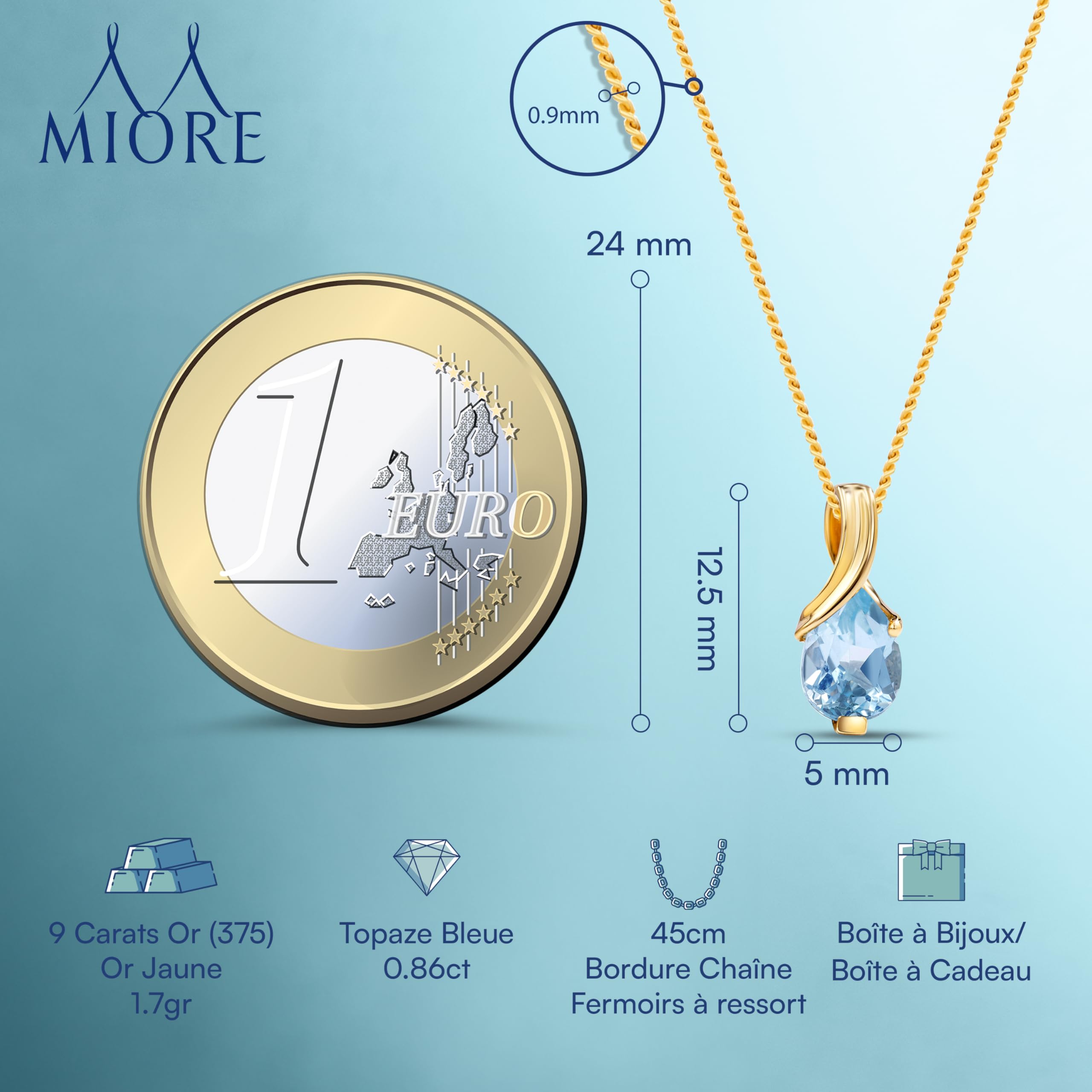 MIORE Collier Femmes en Or Blanc-Or Jaune 9 carat 375 Pendentif Pierre Précieuse Poire Aigue-Marine, Améthyste, Topaza, Saphir, Rubis, Emeraude Chaîne 45 cm avec Boîte à Bijoux