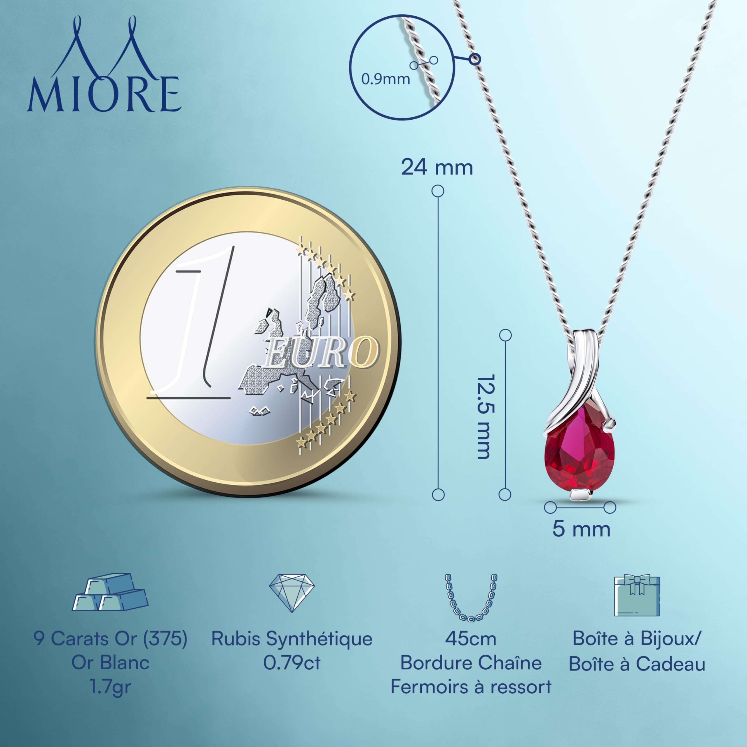 MIORE Collier Femmes en Or Blanc-Or Jaune 9 carat 375 Pendentif Pierre Précieuse Poire Aigue-Marine, Améthyste, Topaza, Saphir, Rubis, Emeraude Chaîne 45 cm avec Boîte à Bijoux