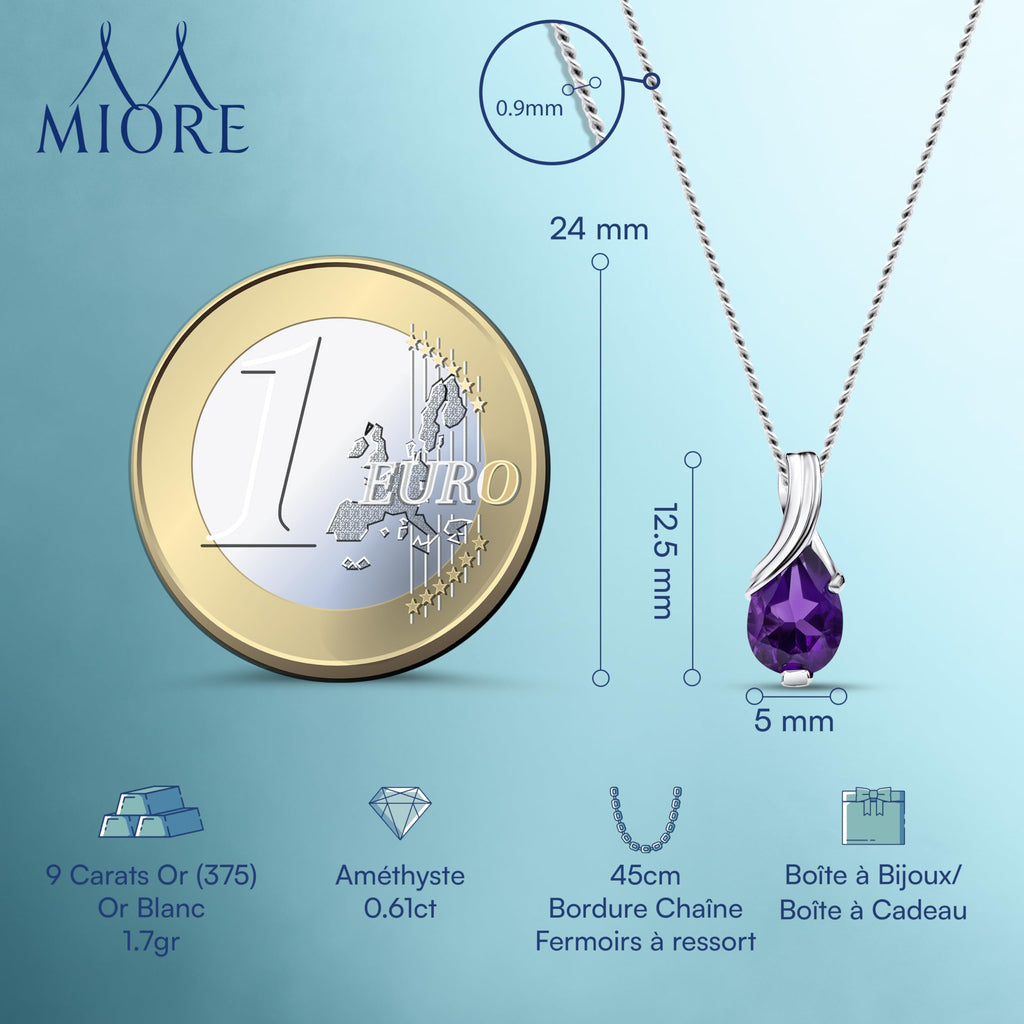 MIORE Collier Femmes en Or Blanc-Or Jaune 9 carat 375 Pendentif Pierre Précieuse Poire Aigue-Marine, Améthyste, Topaza, Saphir, Rubis, Emeraude Chaîne 45 cm avec Boîte à Bijoux