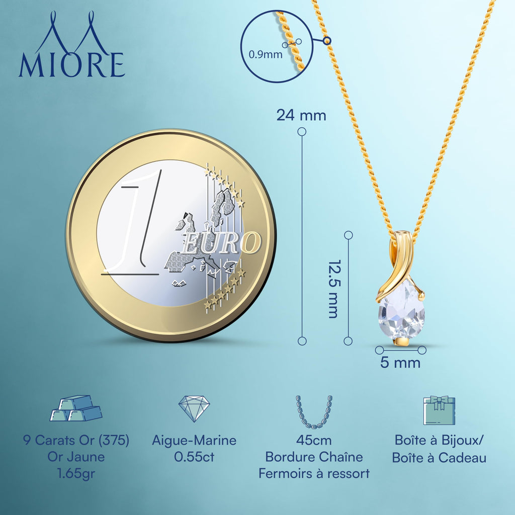 MIORE Collier Femmes en Or Blanc-Or Jaune 9 carat 375 Pendentif Pierre Précieuse Poire Aigue-Marine, Améthyste, Topaza, Saphir, Rubis, Emeraude Chaîne 45 cm avec Boîte à Bijoux