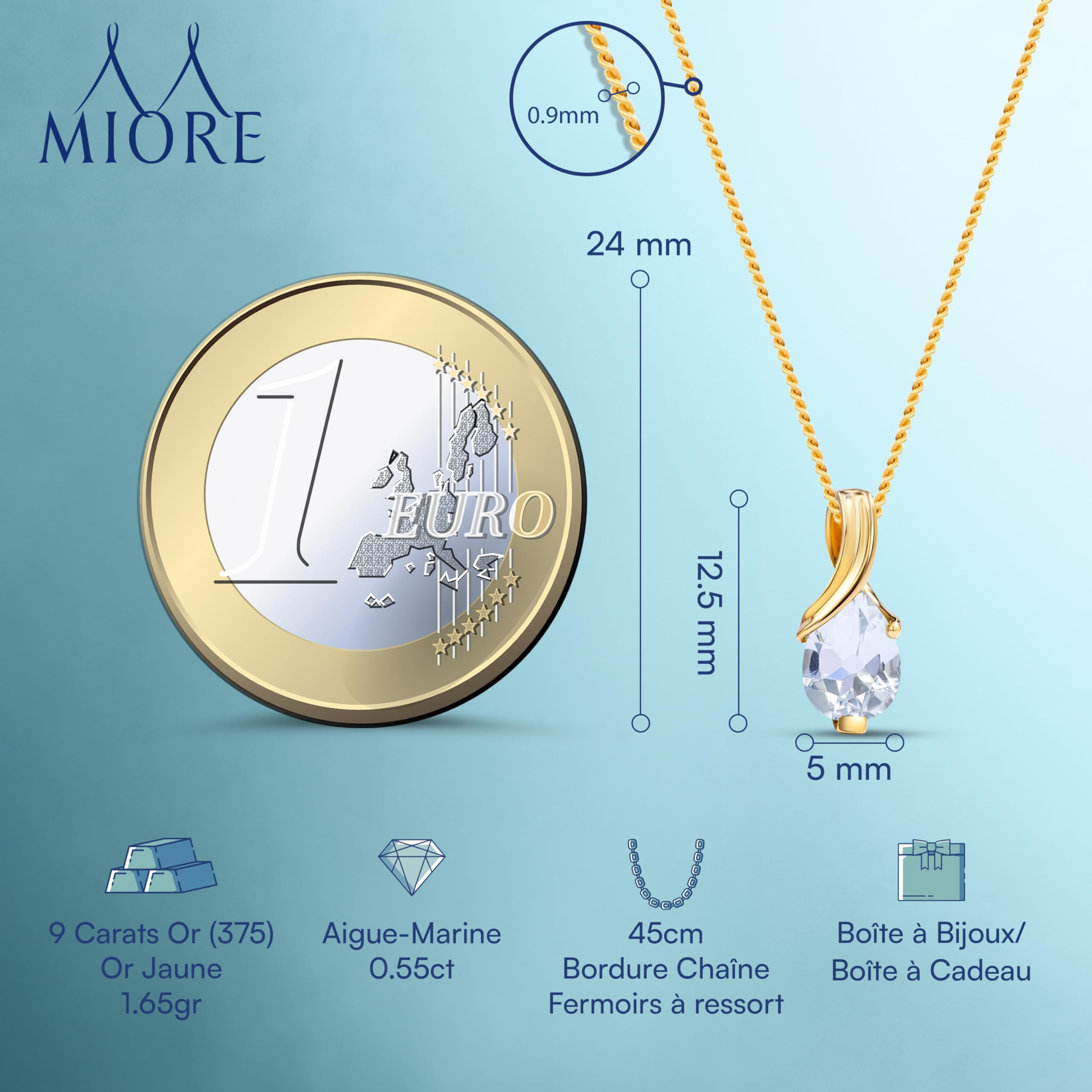 MIORE Collier Femmes en Or Blanc-Or Jaune 9 carat 375 Pendentif Pierre Précieuse Poire Aigue-Marine, Améthyste, Topaza, Saphir, Rubis, Emeraude Chaîne 45 cm avec Boîte à Bijoux