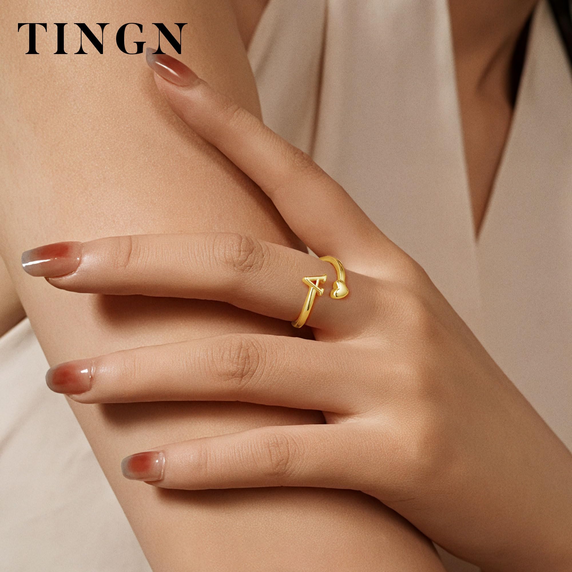 TINGN Bague en or plaqué or 14 carats - Étanche - Motif cœur - Avec lettres - Empilable - Cadeau pour femme et petite amie