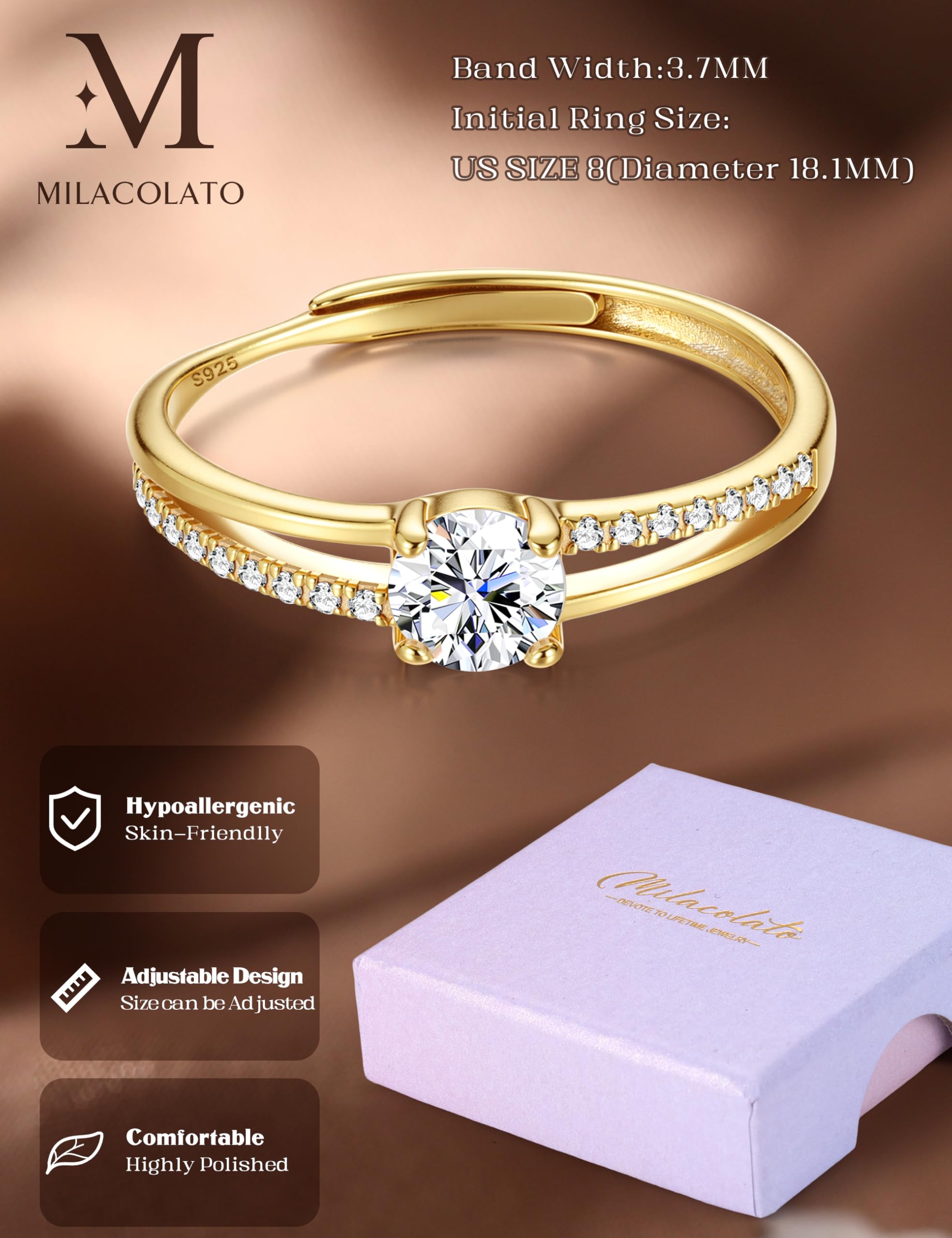 MILACOLATO Bague en Argent 925 pour Femme Bague en Argent Or Ajustable Bague de Fiançailles à Zirconium Cubique Bague de Mariage éternel Bague en Argent pour Femme