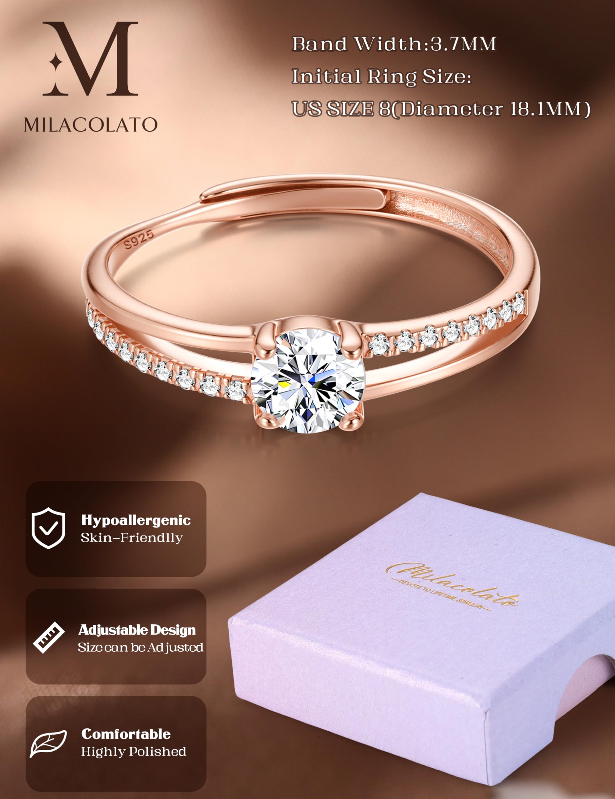 MILACOLATO Bague en Argent 925 pour Femme Bague en Argent Or Ajustable Bague de Fiançailles à Zirconium Cubique Bague de Mariage éternel Bague en Argent pour Femme