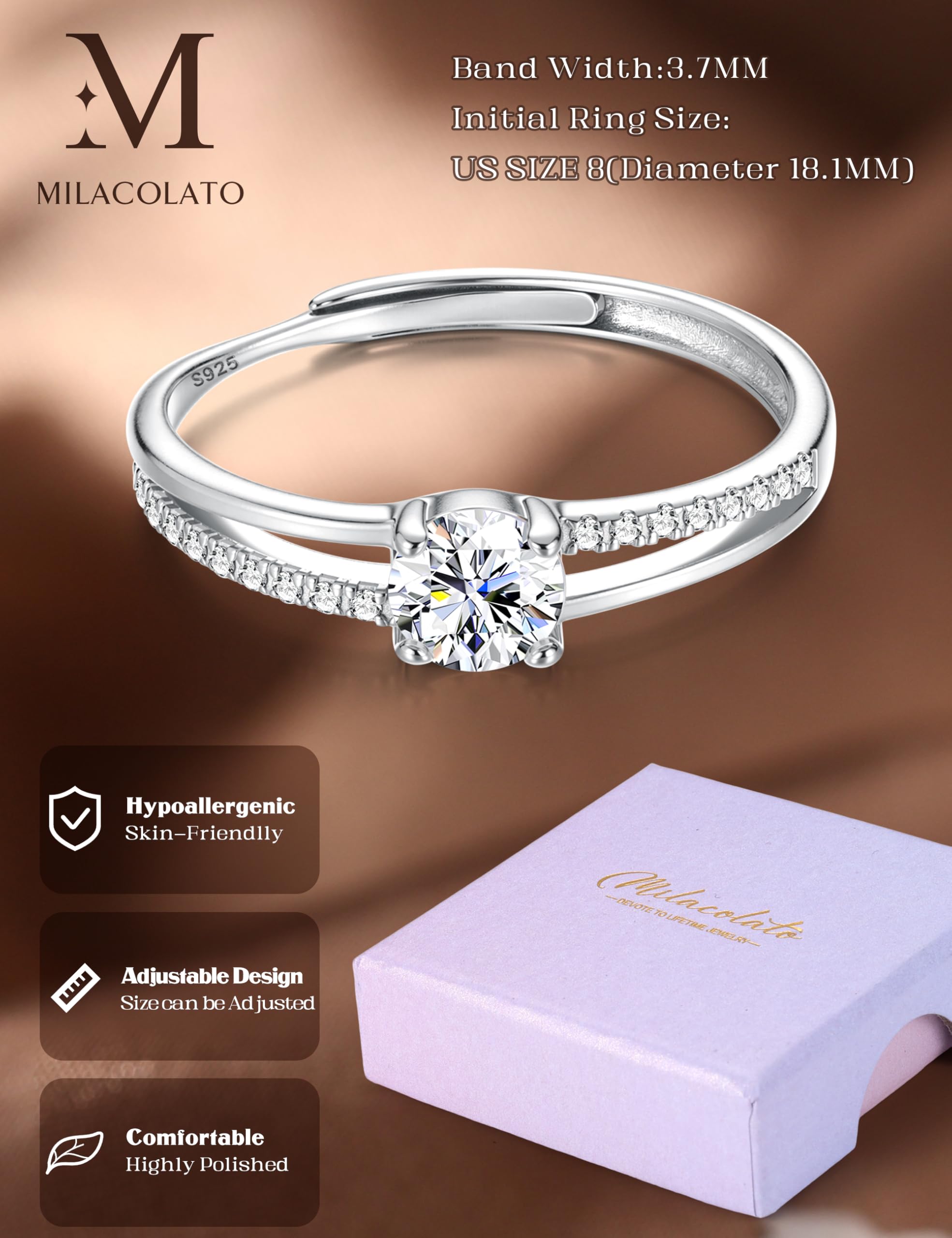 MILACOLATO Bague en Argent 925 pour Femme Bague en Argent Or Ajustable Bague de Fiançailles à Zirconium Cubique Bague de Mariage éternel Bague en Argent pour Femme