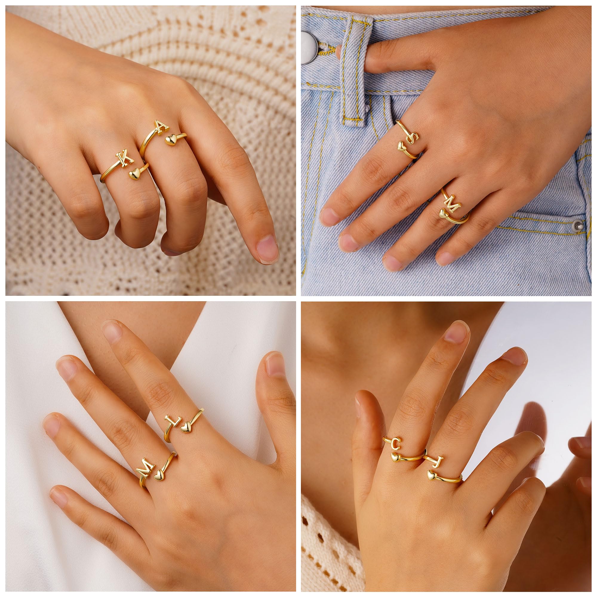 TINGN Bague en or plaqué or 14 carats - Étanche - Motif cœur - Avec lettres - Empilable - Cadeau pour femme et petite amie