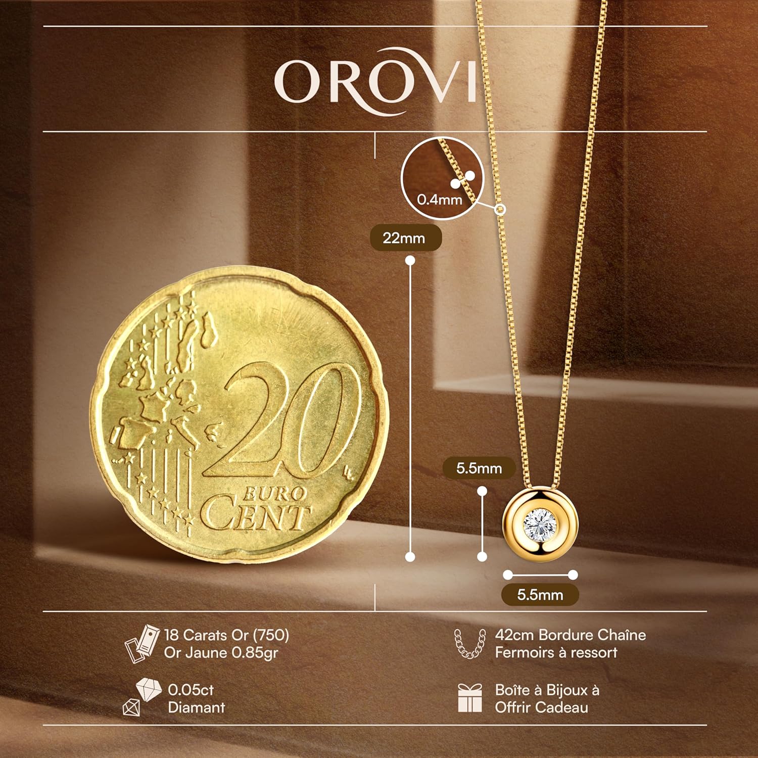 Orovi Collier Femme Or Jaune/Or Blanc 18 Carats 750, Penditif Diamant de 0.05ct et Chaîne Femme 45 Long, Bijoux Femme D'or Hypoallergéniques, Collier Diamant Fait à la Main Livré avec Boîte à Bijoux